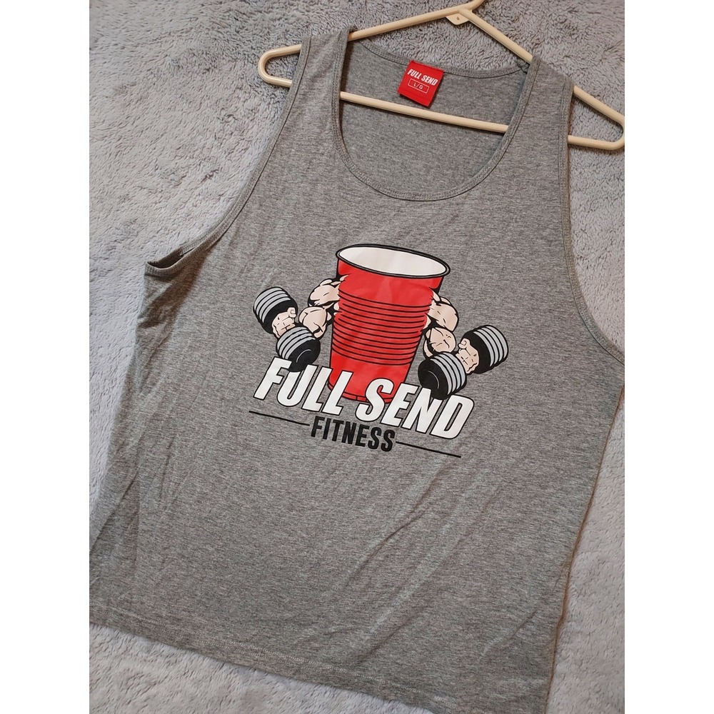 Full Send Tank Top Mens Large Shirt Graphic Print Beer Pong Fitness Gray Gym L‎